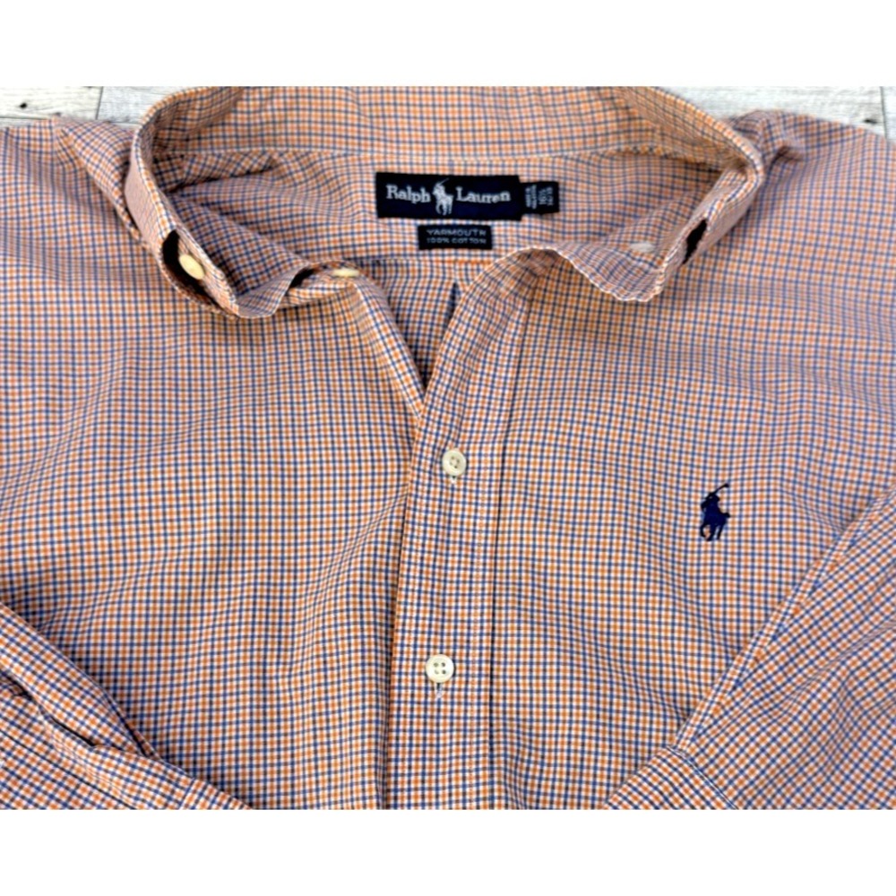 Ralph Lauren Mens Button Down LongSleeve Yarmouth Blue Orange Gingham 16.5 34/35